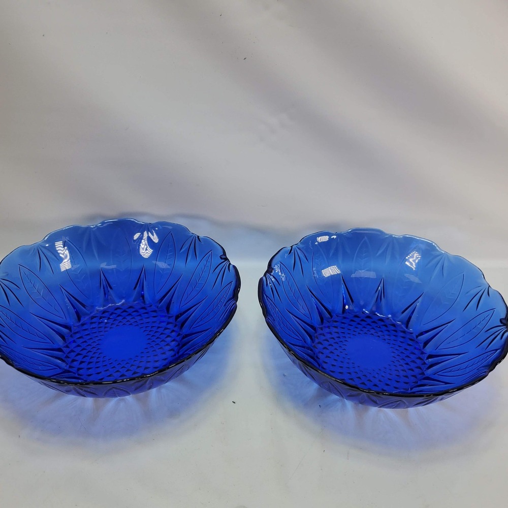 Cobalt Blue Glass Sunflower Leaf Scalloped Edge Bowls Set of 2 Vintage Art Deco